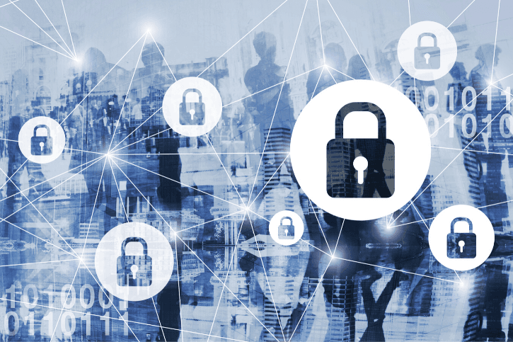 Illustration of a web connected by padlocks against a blurred blue background of people and buildings