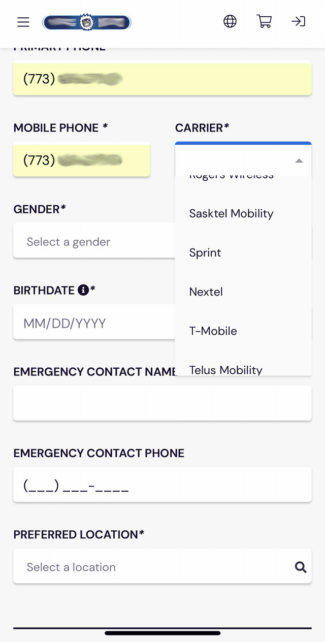 Example of a mobile form asking for several required fields, including cell phone carrier.