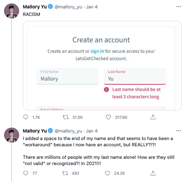 A tweet from Mallory Yu who is pointing out the racism of a form for not accepting that her last name contains two letters