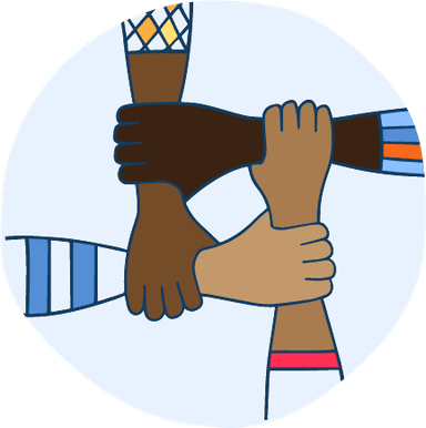 four hands holding each other's wrists, forming a square, in a sign of unity