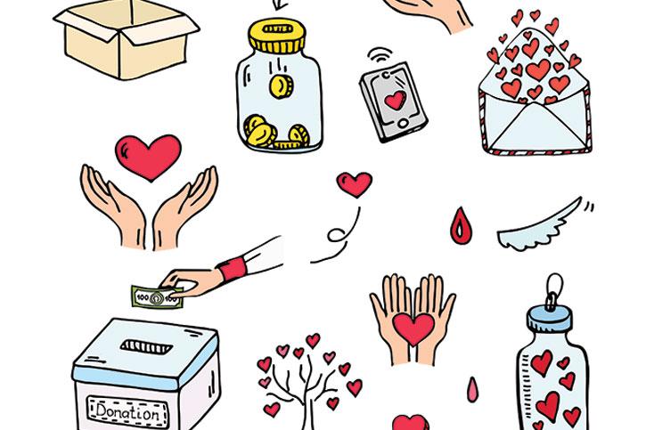 A drawing of fundraising means - money in a box, coins in a jar, hands with hearts.