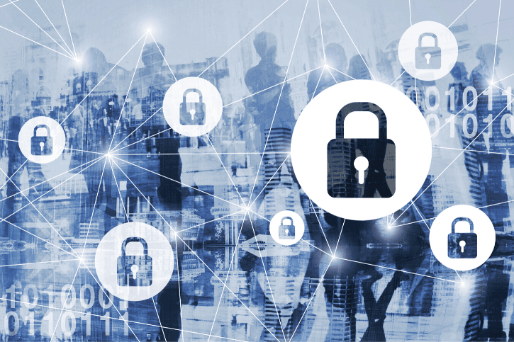 Illustration of a web connected by padlocks against a blurred blue background of people and buildings