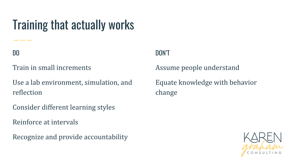 Training that actually works. Do: 1. Train in small increments. 2. Use a lab environment, simulation and reflection. 3. Consider different training styles. 4. Reinforce at intervals. 5. Recognize and provide accountability. Don't: 1. Assume people understand. 2. Equate knowledge with behavior change. 