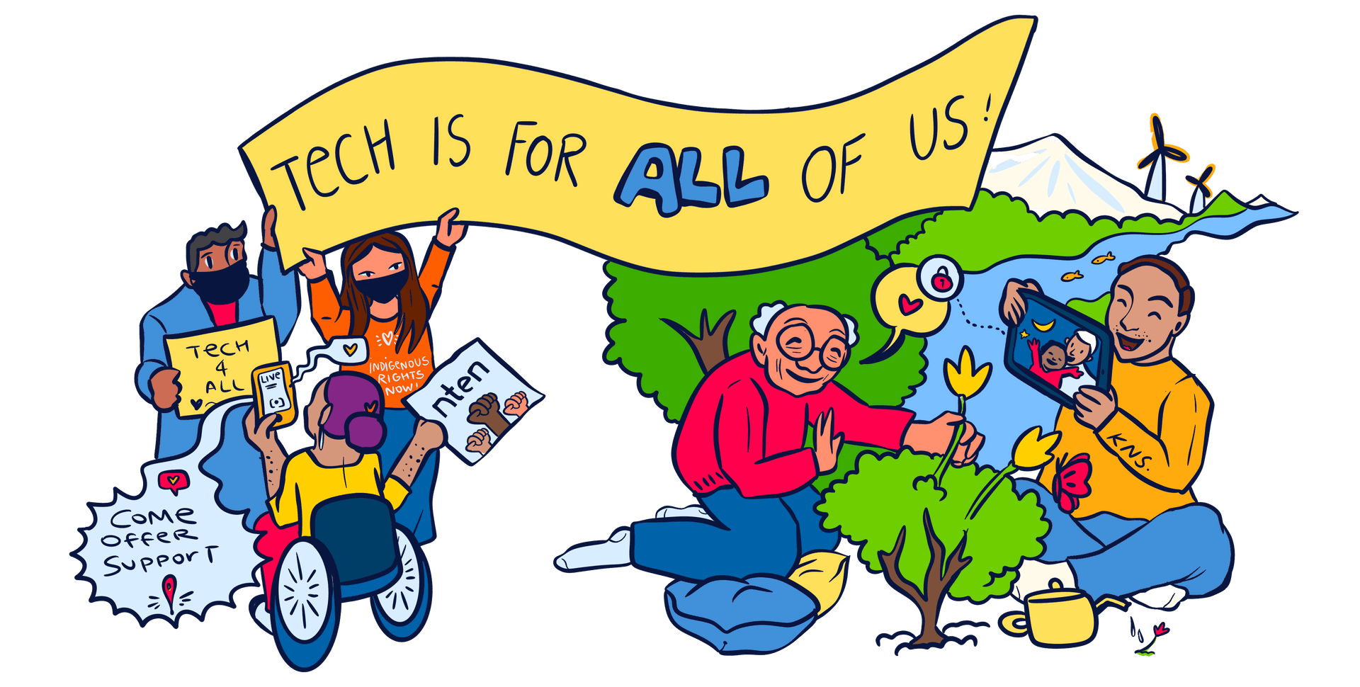 An image of various members of a community holding up a banner saying 'Tech is for all of us'. The people include a person in a mask, a woman with a tshirt saying 'indigenous rights now', and a woman in a wheelchair recording a FB Live and posting 'Come offer support'. This trio appear to be at a protest. On the other side of teh banner is a more pastoral scene, with an elderly man