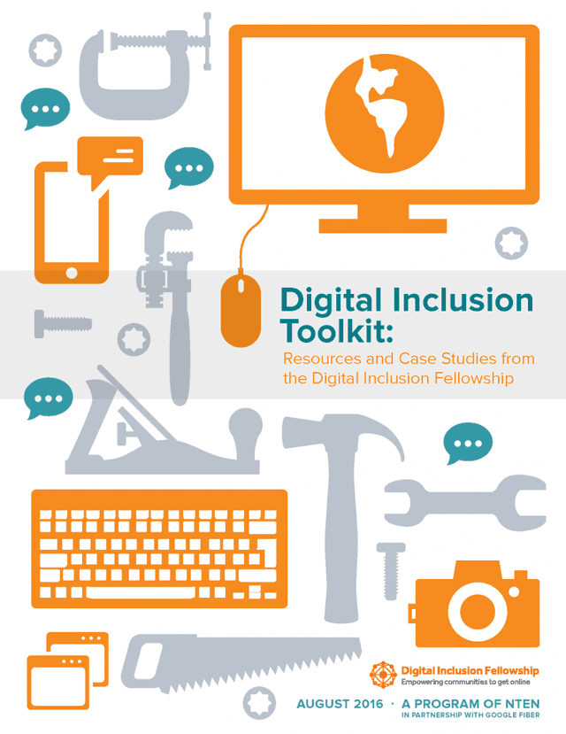 Illustrations of tools and devices on a white background. The text reads, "Digital Inclusion Toolkit: Resources and Case Studies from the Digital Inclusion Fellowship. August 2016."