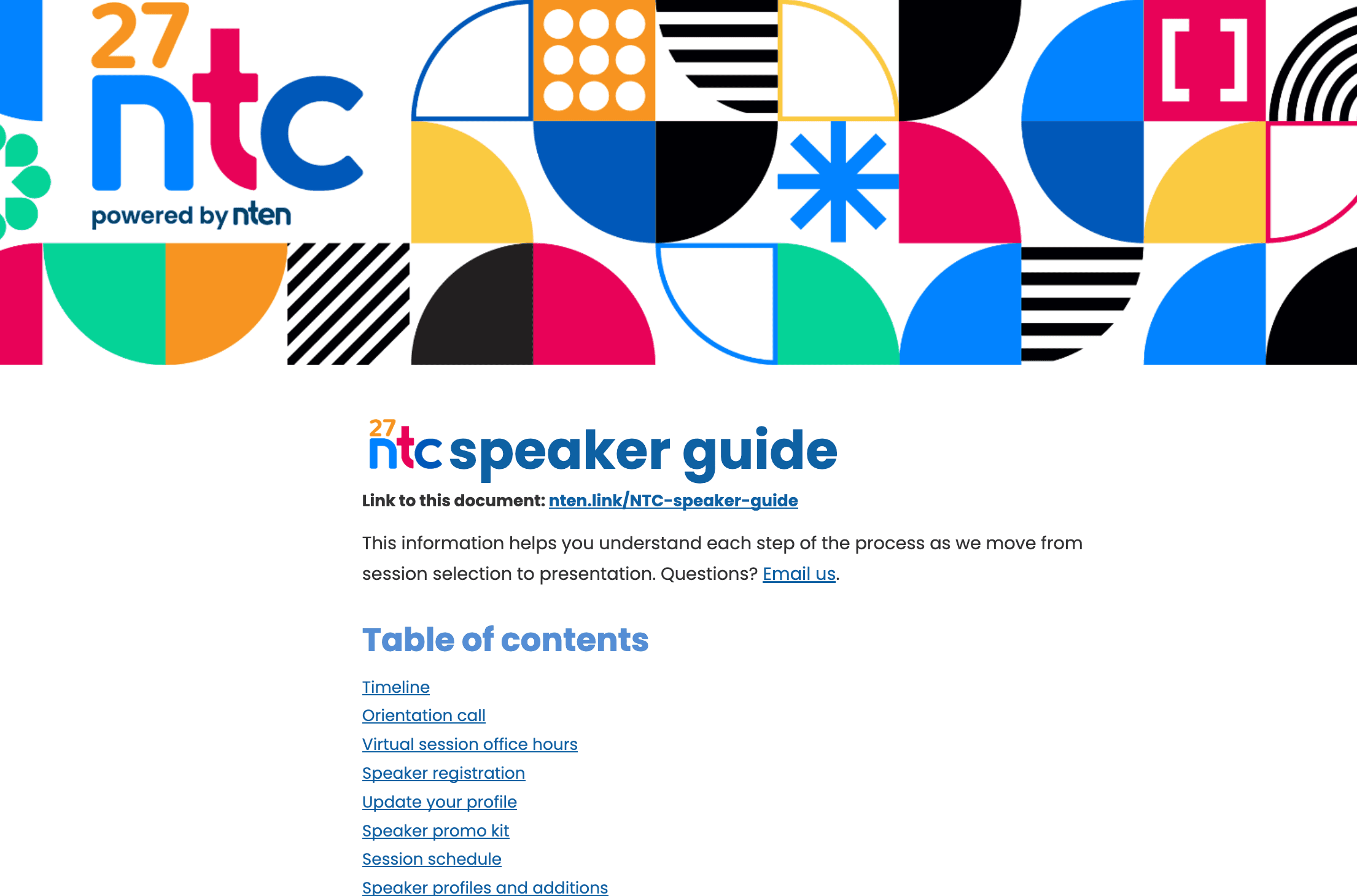 A screenshot of the first page of the 27NTC speaker guide document, featuring a colorful header row full of icons, and then the introductory text and table of contents.