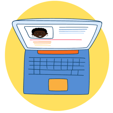 illustration of a laptop with a person's face on screen, like a course instructor