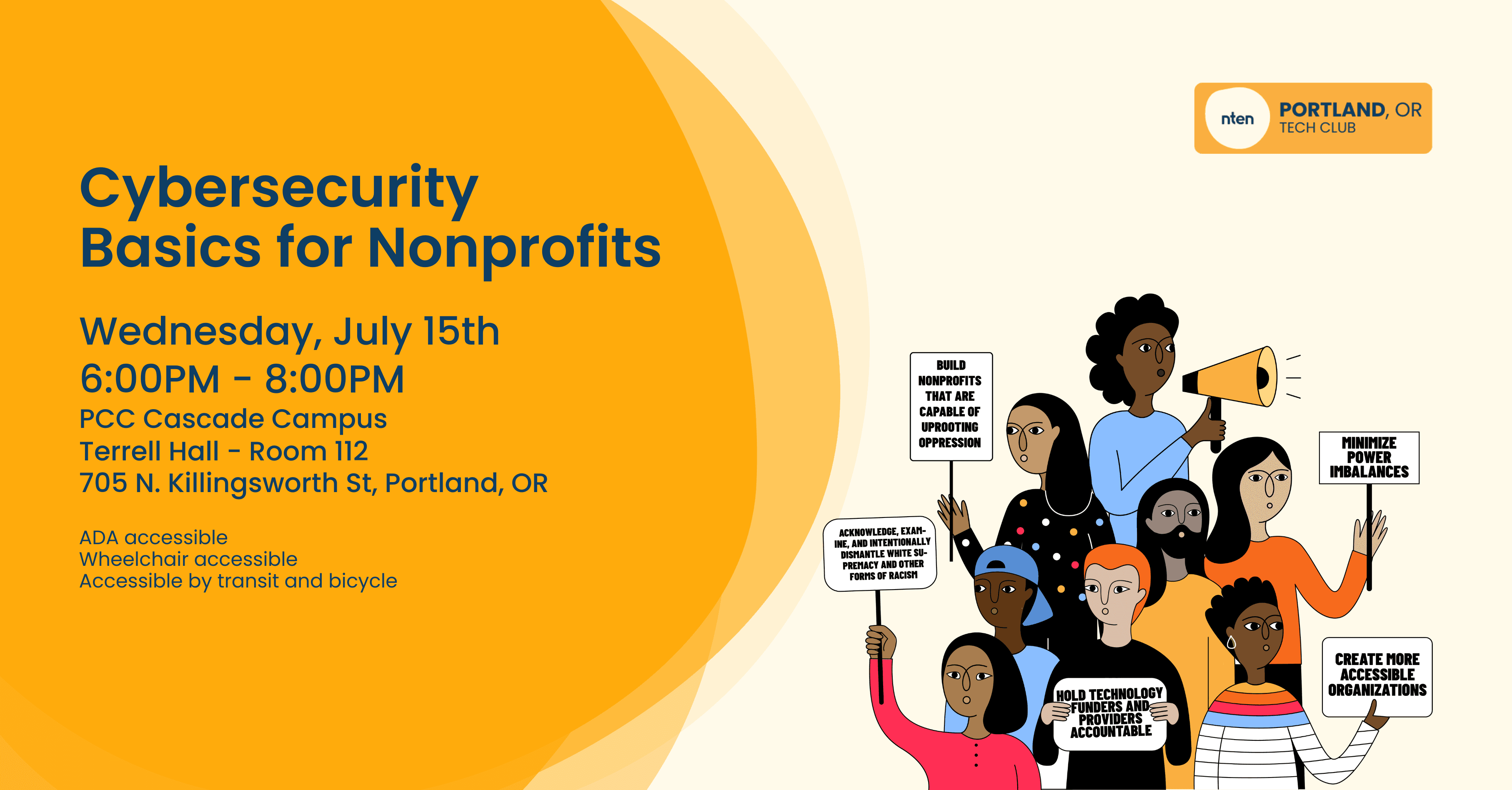 Event flyer featuring illustrated people holding signs promoting equitable technology