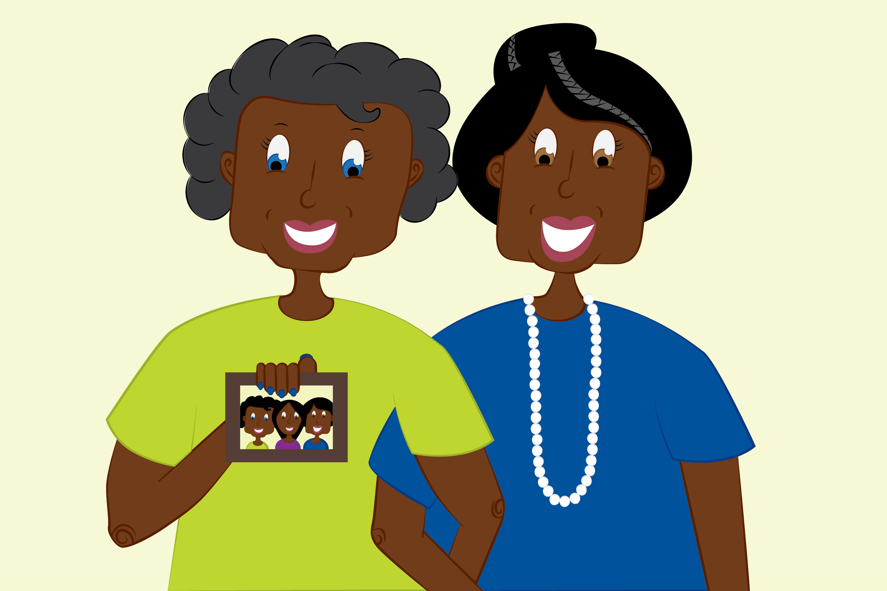 an illustration of two elderly women holding a photo of three people