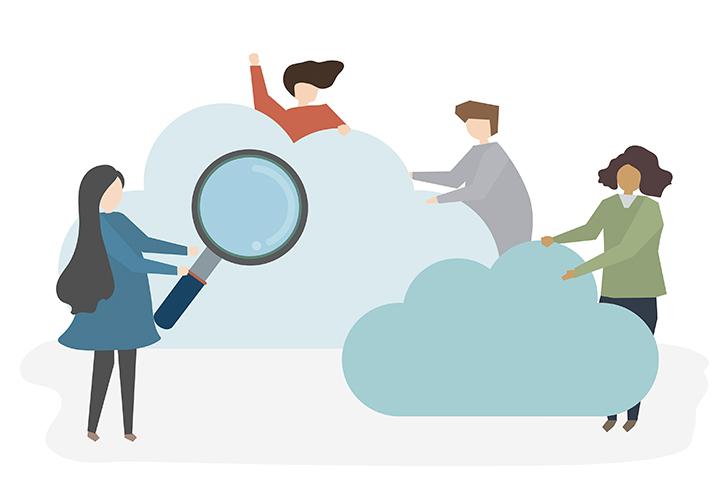 Illustration of several staff working in the cloud.