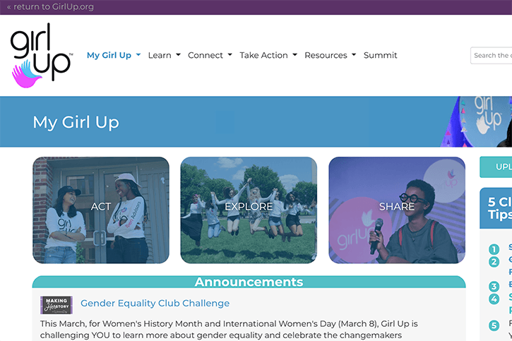 Girl Up community platform screen capture of
