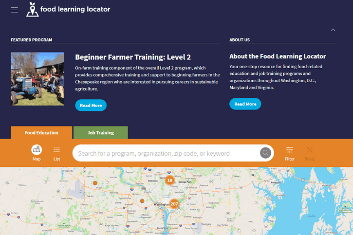 Homepage of the Food Learning Locator