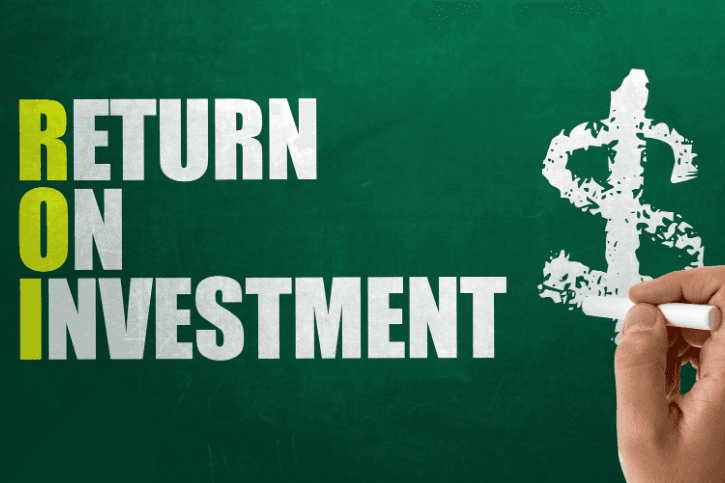 "RETURN ON INVESTMENT" is in block letters on a chalkboard and a hand is drawing a dollar sign.
