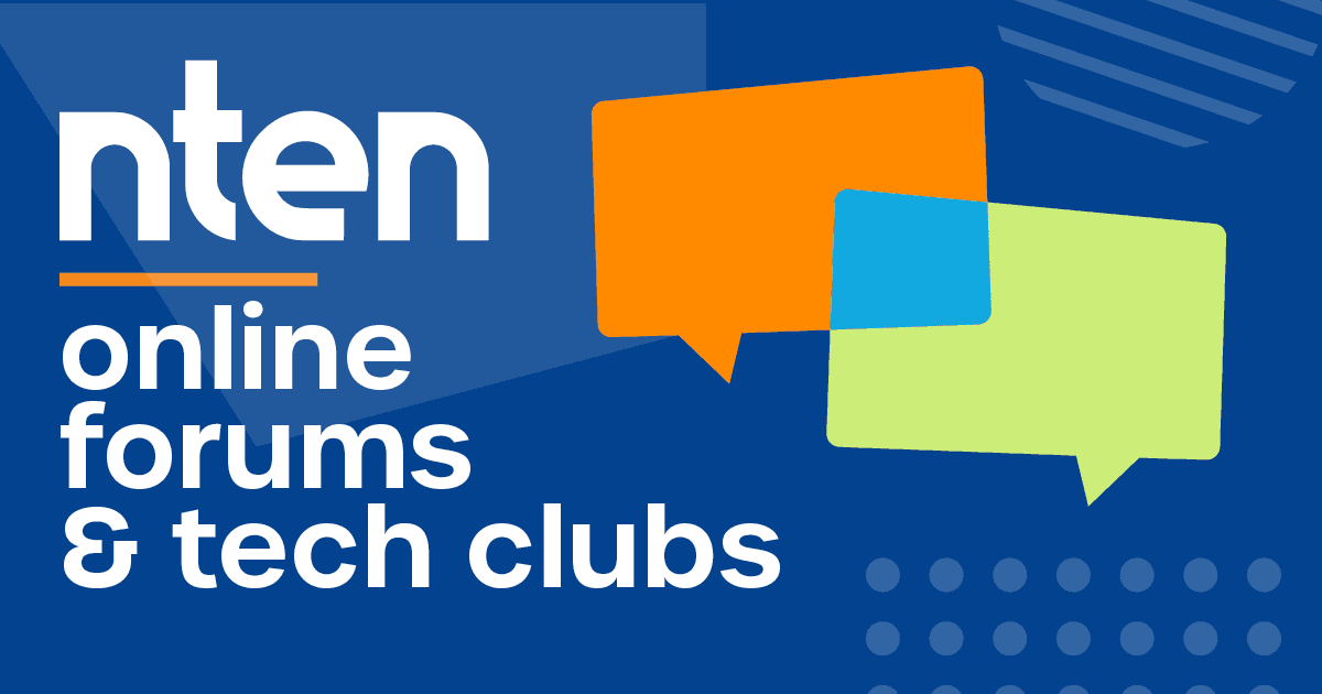 "NTEN online forums & tech clubs" in white on a blue background with text bubbles on the right.