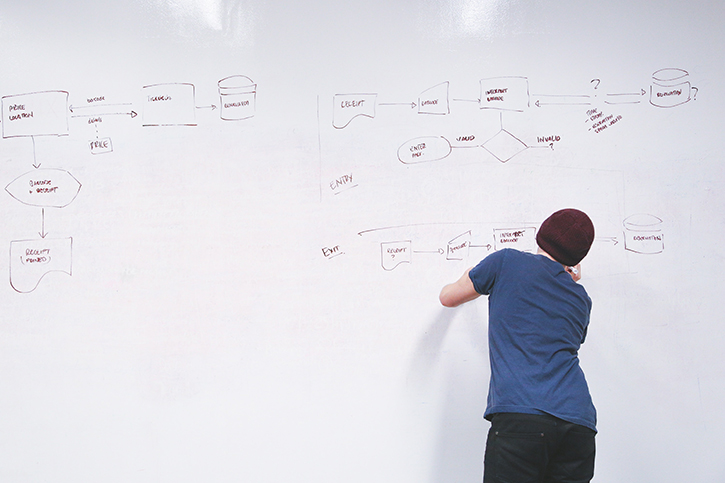 Person diagraming data flow on a whiteboard